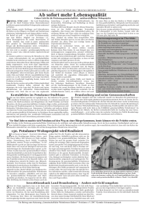 Fiktive Zeitungsseite erschienen am 08.05.2007. Wunschträume darüber wie alternative Wohnformen in Potsdam gefördert werden könnten.